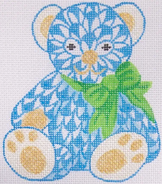 OM-183 Herend-Inspired Fishnet Teddy Bear with Bow - Blue