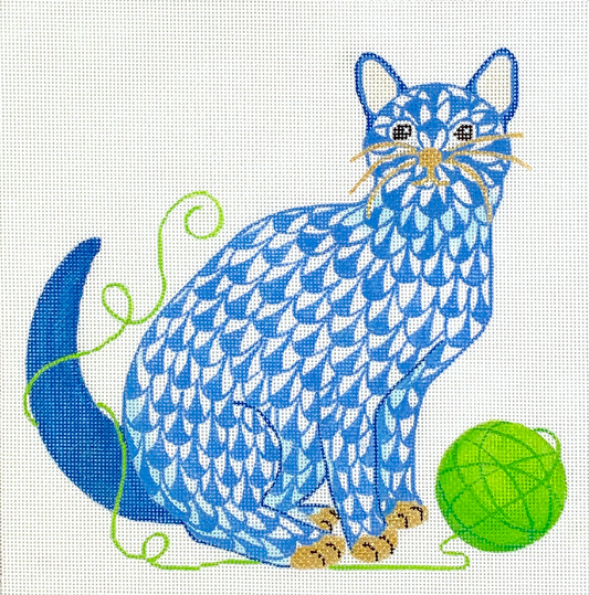 PL-514 Herend-Inspired Fishnet Cat with Yarn - Blue