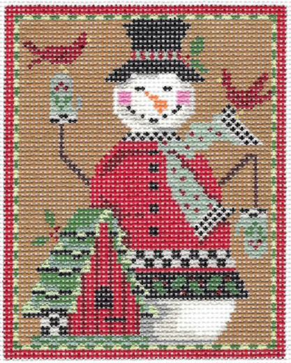 Kelly Clark winter and Christmas needlepoint canvas of a snowman wearing a red coat and top hat with a birdhouse and cardinals