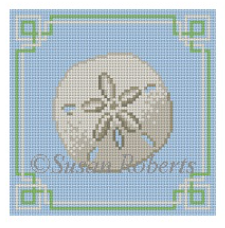 Susan Roberts needlepoint canvas of a sand dollar on a blue background with geometric trim sized for a coaster