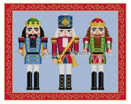 Susan Roberts needlepoint canvas of three traditional nutcrackers - a drummer, a trumpet player, and a cymbal player