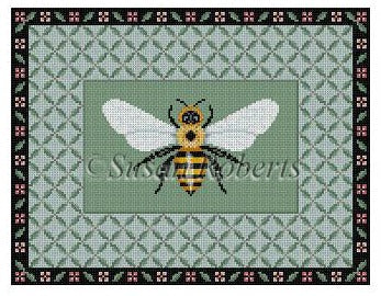 Susan Roberts needlepoint canvas of a bee with a leaf trellis background and a flower and leaf border