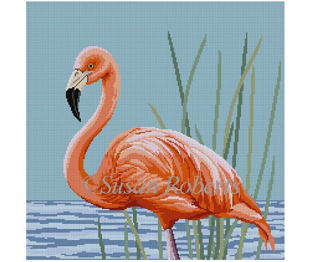 Susan Roberts needlepoint canvas of a flamingo in a marsh