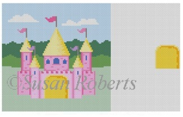Susan Roberts needlepoint canvas for a tooth fairy pillow of a pink castle fit for a princess with towers and turrets