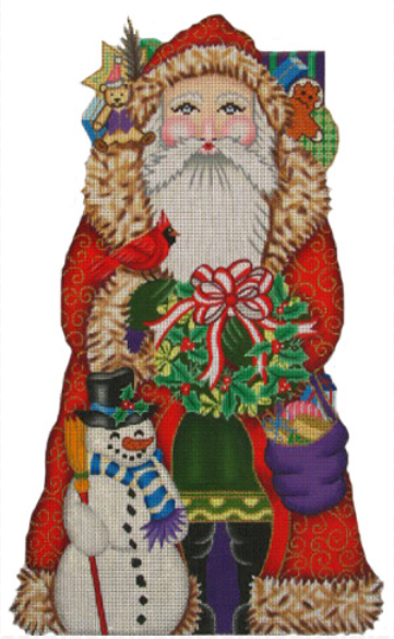 Amanda Lawford traditional Christmas Santa needlepoint canvas standup with a red fur-trimmed coat and a snowman holding a holly wreath and a cardinal with a sack of toys and a teddy bear