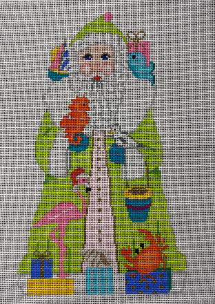Vallerie Needlepoint Gallery Christmas needlepoint canvas of a Santa wearing lime green with tropical sealife and a sailboat