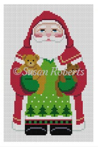 Susan Roberts Christmas needlepoint canvas of a traditional santa holding two teddy bears and wearing a red hooded cape coat