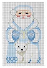 Susan Roberts needlepoint canvas of Santa dressed in pale blue with a polar bear. 