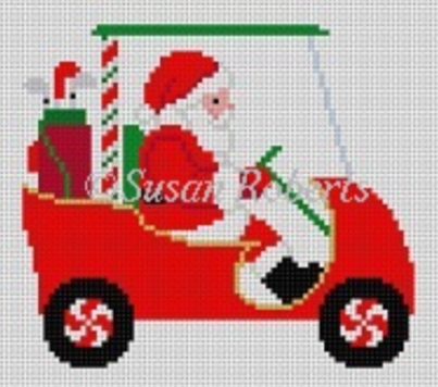 Susan Roberts needlepoint canvas of a Santa wearing traditional red with white trim driving a golf cart with peppermint candy wheels