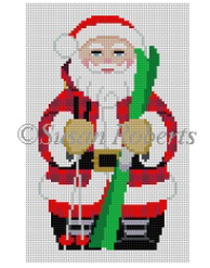 Susan Roberts needlepoint canvas of a Santa with skis and a plaid jacket