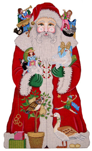 Amanda Lawford (for Vallerie Needlepoint Gallery) needlepoint canvas of Santa in traditional red with white trim carrying items from the song 12 days of christmas - there is a partridge in a pear tree at his feet next to a goose laying eggs