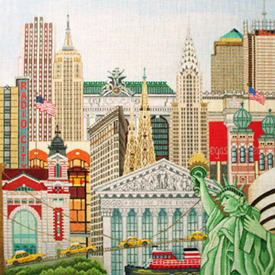 Amanda Lawford needlepoint canvas of the skyline of New York City with all the iconic landmarks - Empire State Building, Chrysler Building, Radio City Music Hall, the Statue of Liberty, etc.
