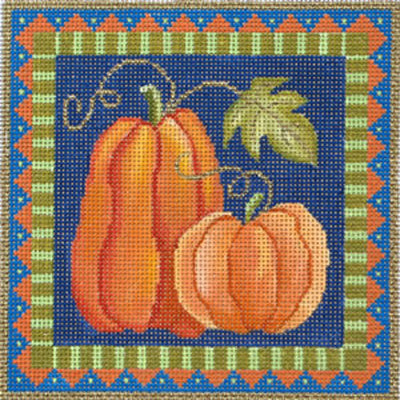 Amanda Lawford traditional fall or thanksgiving needlepoint canvas of two pumpkins on a blue background with a geometric border