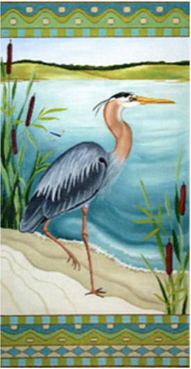 Amanda Lawford needlepoint canvas of a Heron bird on the beach with cattails and a geometric border