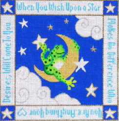 Vallerie Needlepoint Gallery needlepoint canvas of a frog sitting in a crescent moon with the nursery rhyme "when you wish upon a star"