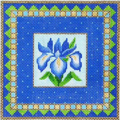 Amanda Lawford square needlepoint canvas of blue iris flowers with a geometric border