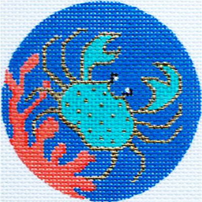 Vallerie Needlepoint Gallery round needlepoint canvas of a turquoise crab with coral sized for self-finishing boxes (insert)