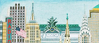 Amanda Lawford needlepoint canvas of the New York City skyline with the Empire State Building, the Chrysler Building, and Radio City Music Hall