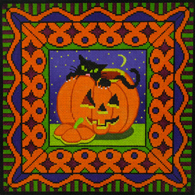 Amanda Lawford fun and bright Halloween needlepoint canvas of a black cat sitting inside a jack-o-lantern with a bold geometric border in orange, green, and purple