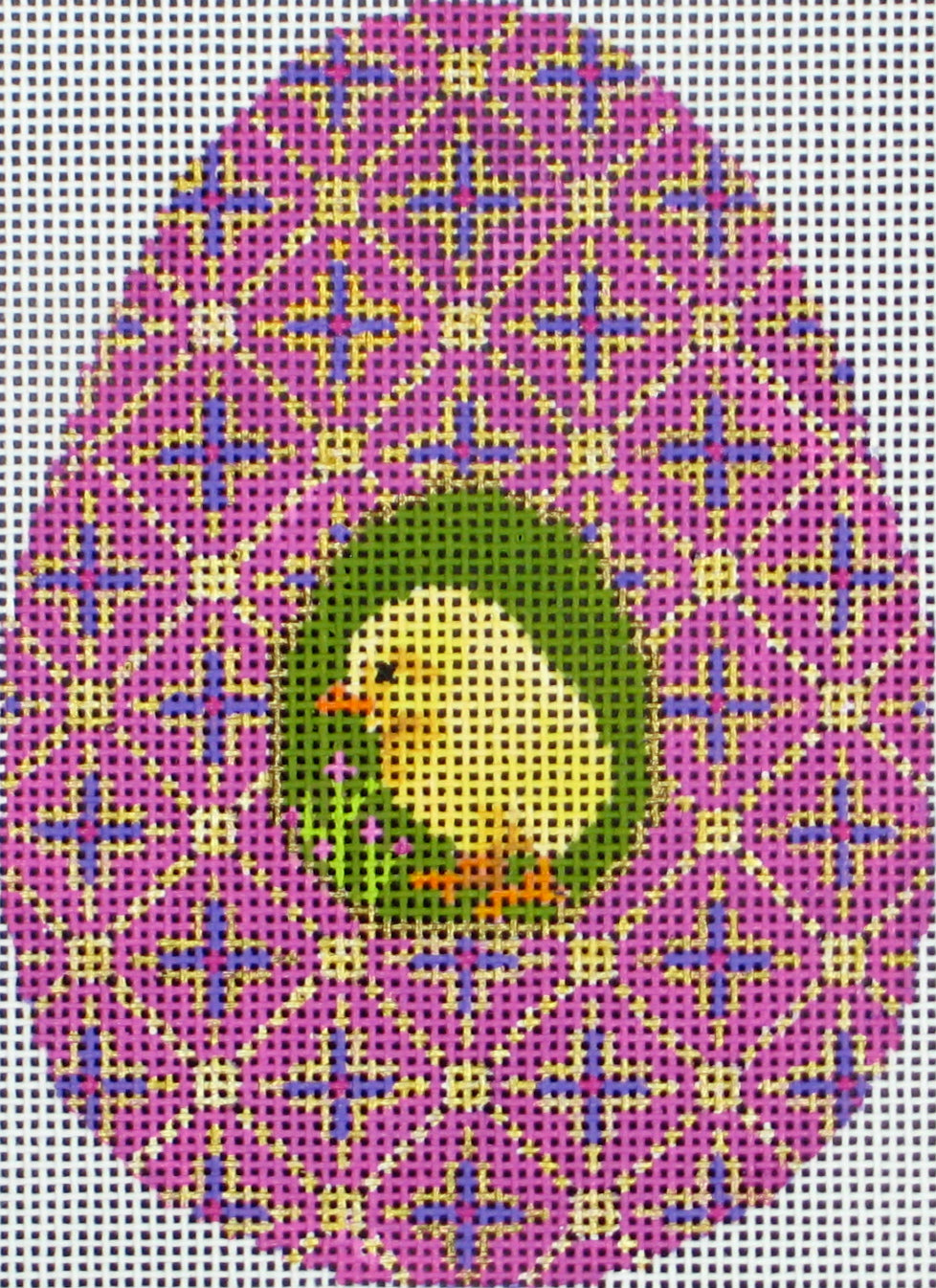 Amanda Lawford Easter egg shaped needlepoint canvas with chick on a purple geometric background