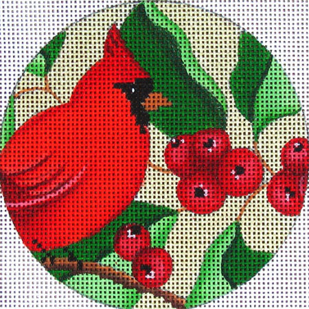 Amanda Lawford Christmas ornament needlepoint canvas of a cardinal bird with winter berries