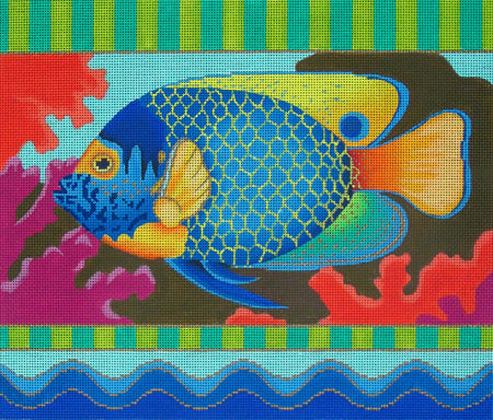 Amanda Lawford bright and tropical needlepoint canvas of an angel fish with coral in the background and a blue and green striped border with waves