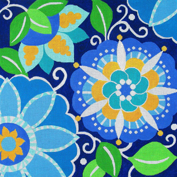 Amanda Lawford floral needlepoint canvas in blue and yellow