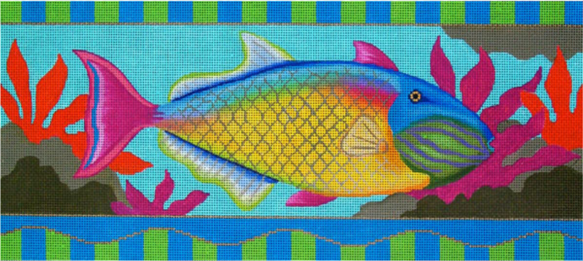 Amanda Lawford bright and tropical needlepoint canvas of a fish with a bold geometric border