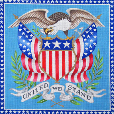 Amanda Lawford  American patriotic shield eagle United We Stand square needlepoint canvas with star border