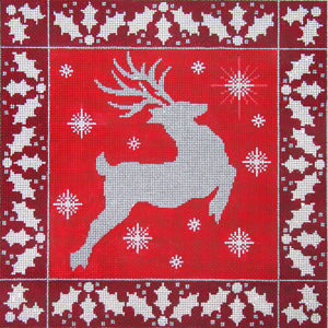 Amanda Lawford red reindeer silhouette Christmas holiday winter needlepoint canvas with holly border and snow