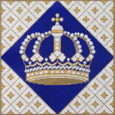 Amanda Lawford royal crown needlepoint canvas with blue and geometric background