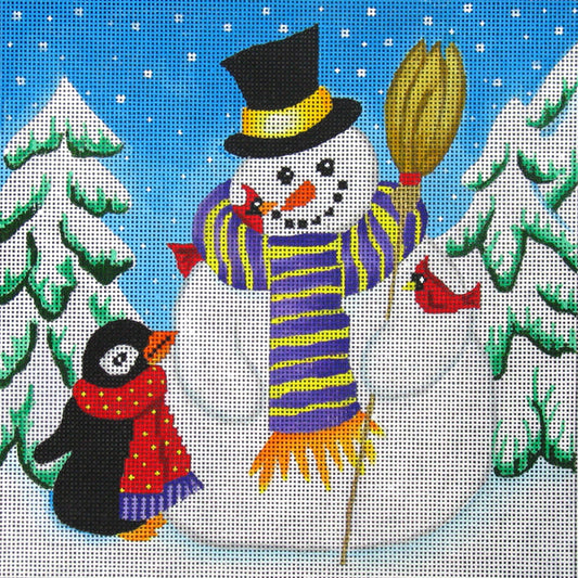 Amanda Lawford whimsical snowman with scarf top hat and broom winter needlepoint canvas with penguin friend, cardinals, and pine trees