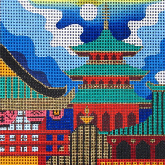 Amanda Lawford needlepoint canvas of a skyline in Japan