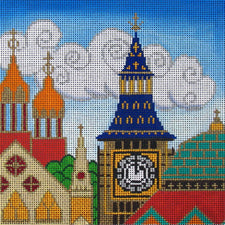 Amanda Lawford needlepoint canvas of the skyline of London with iconic buildings and Big Ben