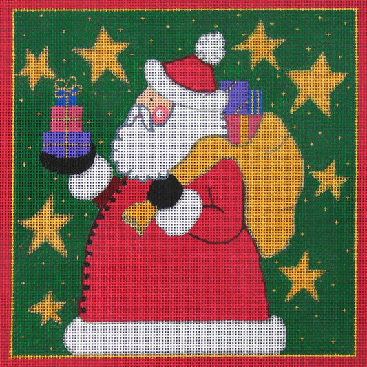 Amanda Lawford Christmas needlepoint canvas of a whimsical cartoon Santa holding packages and a large bag on a green background with gold stars