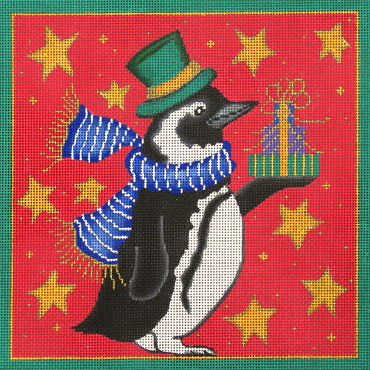 Amanda Lawford Christmas needlepoint canvas of a dapper penguin wearing a scarf and top hat holding presents on a red background with gold stars