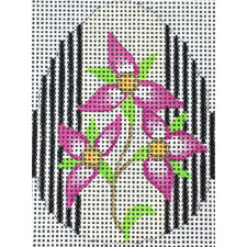 Amanda Lawford Easter egg shaped needlepoint canvas with trillium flowers and black and white stripes