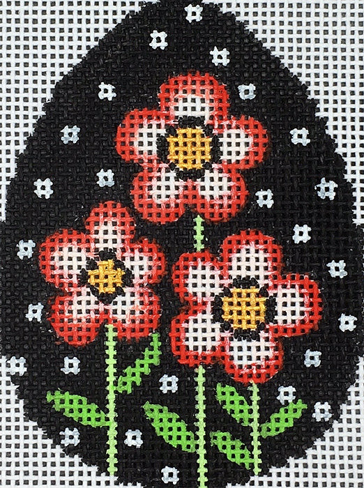 Amanda Lawford Easter egg shaped needlepoint canvas with mod poppy flowers and polka dot background