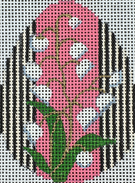 Amanda Lawford Easter egg needlepoint canvas of Lily of the Valley flowers on a pink background with black and white stripes