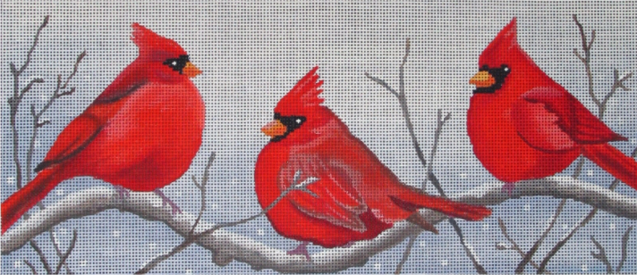 Amanda Lawford needlepoint canvas of three cardinals on a snowy branch with snowflakes