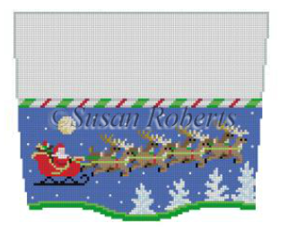 Susan Roberts Christmas needlepoint canvas stocking cuff of Santa in his sleigh flying with reindeer under the full moon