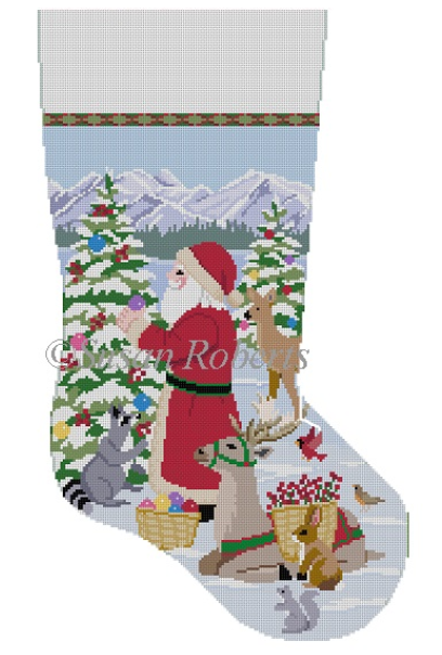 Susan Roberts Christmas stocking needlepoint canvas of Santa Claus decorating snowy trees with animal helpers (reindeer, bunny rabbit, squirrel, cardinal, raccoon, and deer)