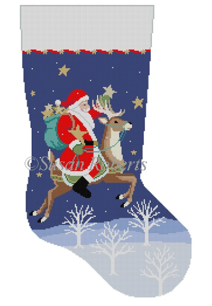 Susan Roberts Christmas stocking needlepoint canvas of Santa riding a reindeer at night collecting stars
