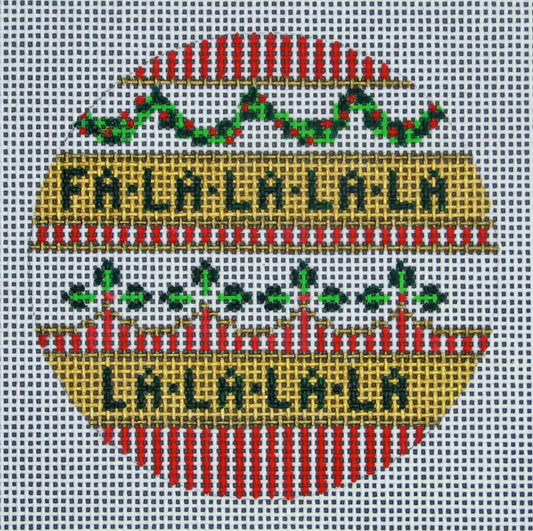 Amanda Lawford circular Christmas needlepoint canvas that says "fa la la la" from the song Deck The Halls