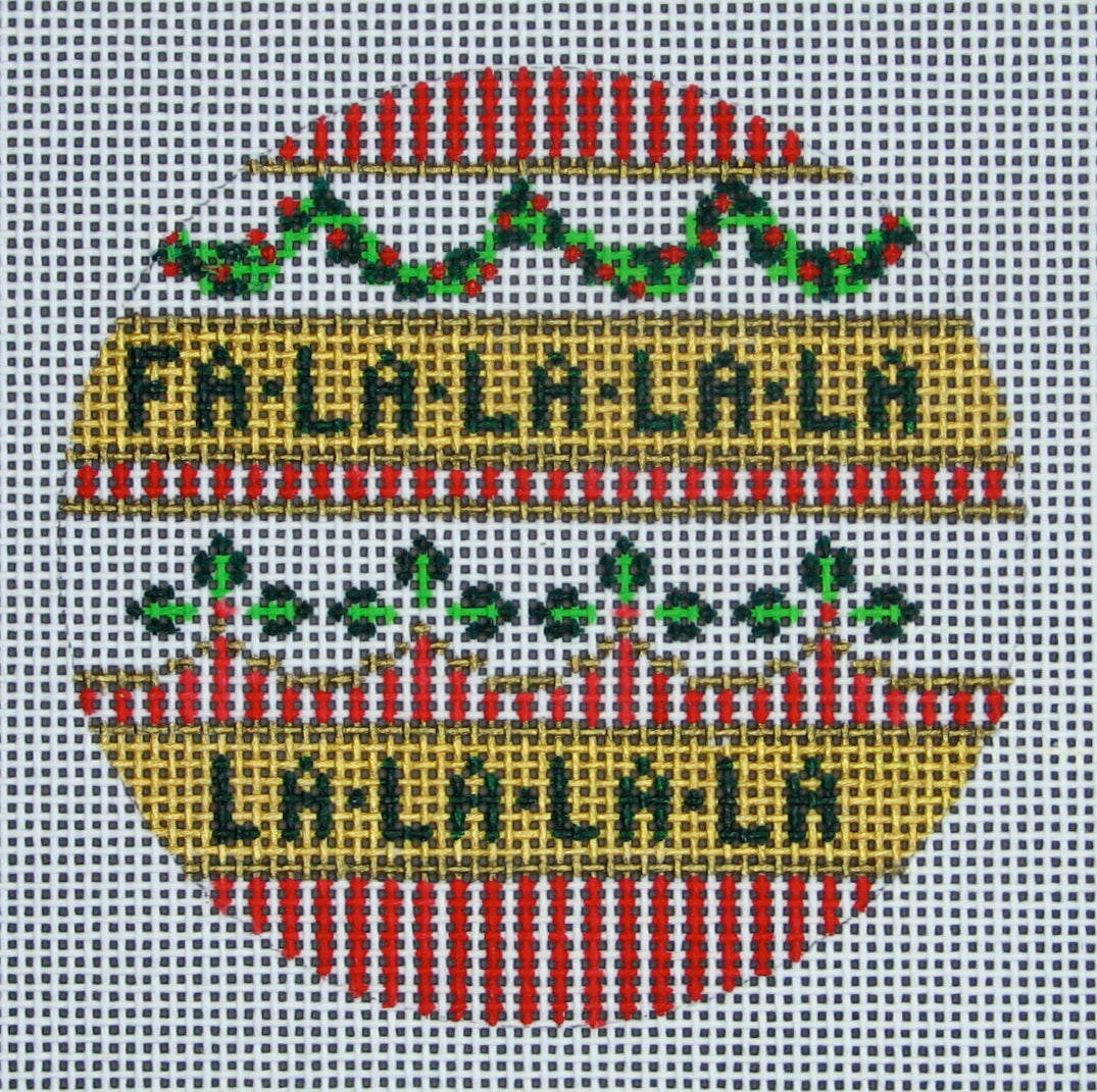 Amanda Lawford circular Christmas needlepoint canvas that says "fa la la la" from the song Deck The Halls