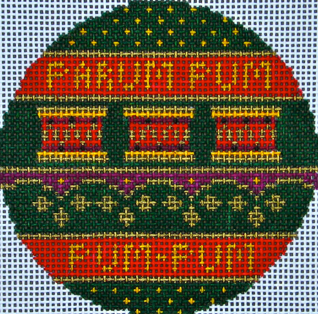 Vallerie Needlepoint Gallery round Christmas needlepoint canvas of three drums and the phrase "parum pum pum-pum" from the song Little Drummer Boy