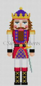 Susan Roberts needlepoint canvas of a traditional style nutcracker king wearing a purple and gold crown