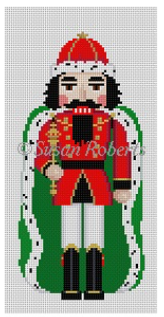 Susan Roberts needlepoint canvas of a traditional nutcracker king with a green cape with ermine trim and a scepter