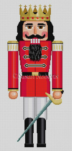Susan Roberts needlepoint canvas of a traditional style King nutcracker wearing a crown and holding a sword