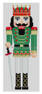 Susan Roberts Christmas needlepoint canvas of a traditional nutcracker with a sword wearing a crown